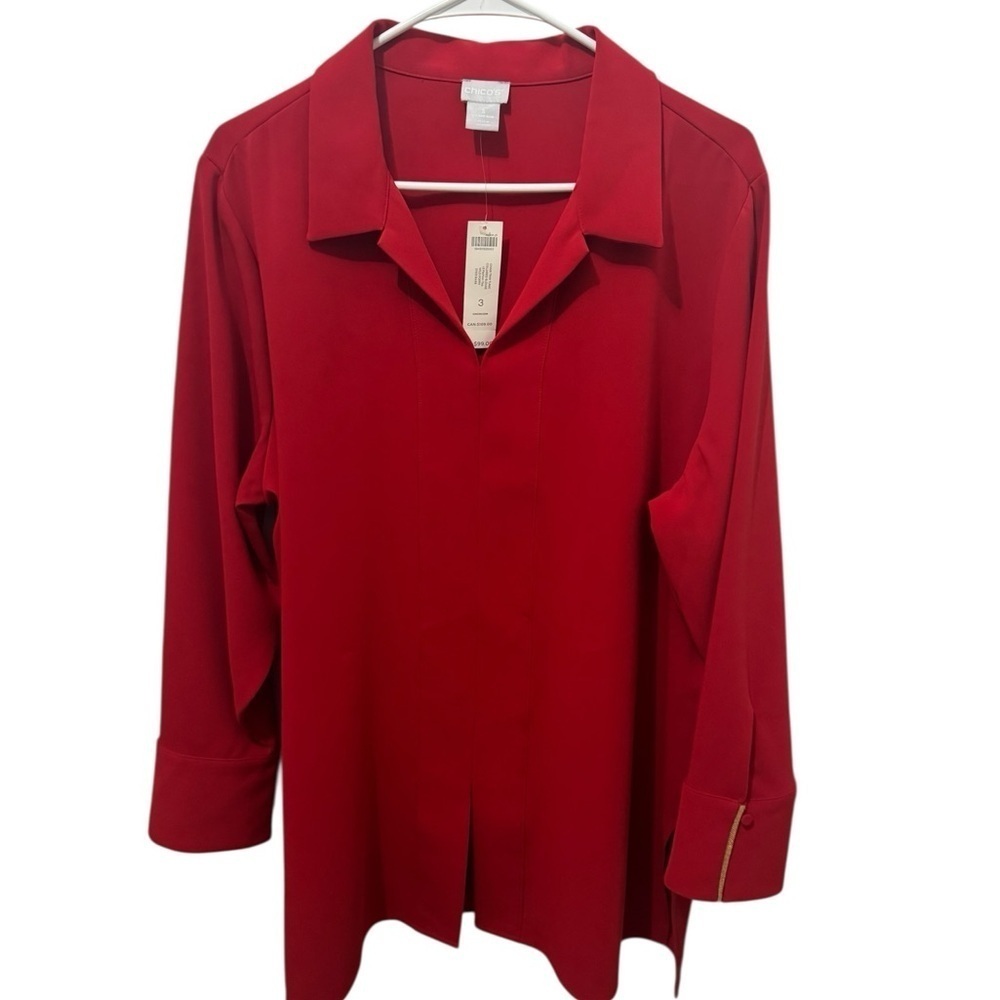 Chico's Red Chain Trim Collared Tunic Blouse Size XL
